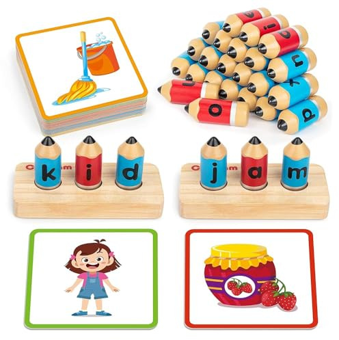 Coogam Hölzernes Kurzvokal-Rechtschreibungsspiel | CVC & Sight Words Lernkarten | Lesen Lernen mit Taschenkarten | Feinmotorik & Alphabet Spielzeug | Pädagogisches Geschenk für Kinder ab 3 Jahren