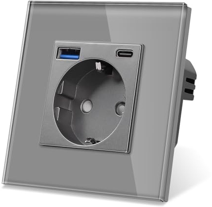 CNBINGO Steckdose mit 1x USB-C/A, 20W Schnellladen, 1-Fach Grau Glas | Schuko Steckdose Unterputz mit USB-Schnellladung, Wandsteckdose mit Kindersicherung, Horizontal oder Vertikal, Glasrahmen