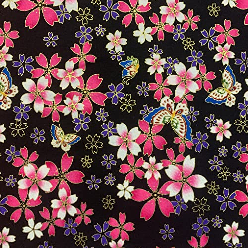 Jukway 100cm Stoffa al Metro Tessuto Cotone largo 145cm, Bronzo Fiore d'Oro Motivi Stampati, 100% Cotone Stoffe per Cucito Creativo Decorazioni Fai-da-Te Quilting Artigianato (Nero, Fiori di Ciliegio)