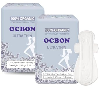 OCBON Unscented Ultra Thin Sanitary Pads (20 Count, Overnight) – Organic Cotton Feminine Pads with Wings for Women, Super Absorbent & Soft, Period Protection, Hypoallergenic