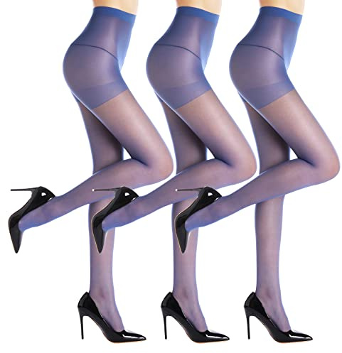 WAKUNA 3er Pack Strumpfhose Für Damen - 20DEN transparent reißfest druckfreier Komfortbund Feinstrumpfhose verstärkte (Blau,XL)