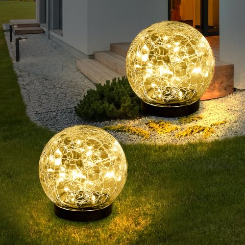 HOFLYW Solar Globes Lights Outdoor Garden Decor - Crackle Glass Balls for Pathway, Patio, Yard, Lawn - CL-DBQ-NB-2P-1
