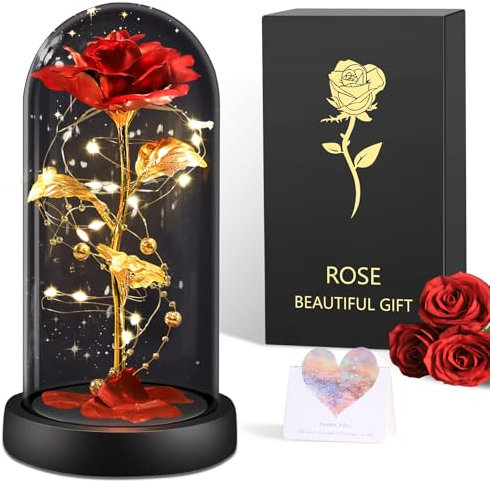 BOLEi Geschenke für Frauen, Ewige Rose im Glas, Geburtstagsgeschenk für Mama, Die Schöne und das Biest Roses, Hochzeitstag Geschenkes für Frau,Sie,Freundin ,Weihnachtsgeschenke (Klassische Rote Rose-)