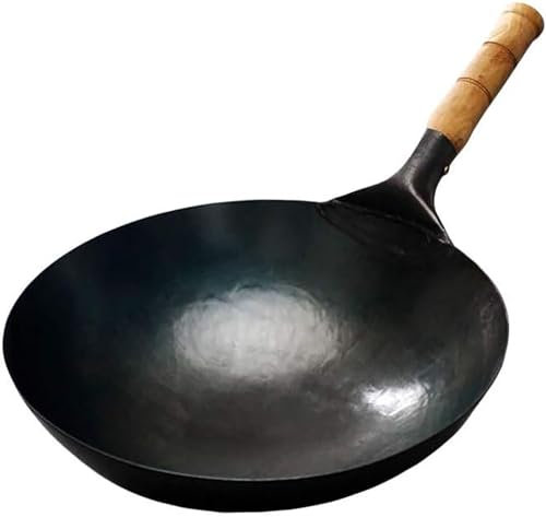 MUSHHE Padella in Ferro battuto martellato a Mano con Manico in Legno, Tradizionale Wok a Fondo Tondo Pre-stagionato, Set per Cottura a induzione,30CM