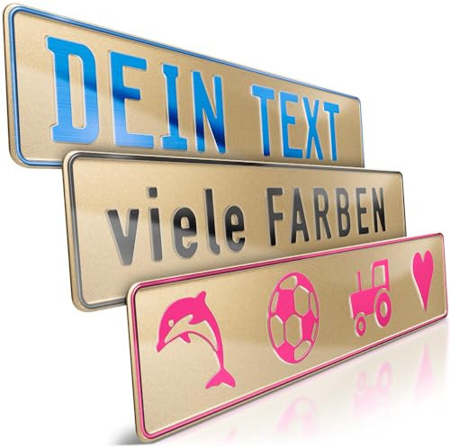 1 Fun-Schild geprägt | Gold Glitter mit Wunschtext bis zu 16 Zeichen | Individuelles Fun-Kennzeichen aus Aluminium | Namensschild | Auto-Kennzeichen | Optional Löcher & Saugnäpfe