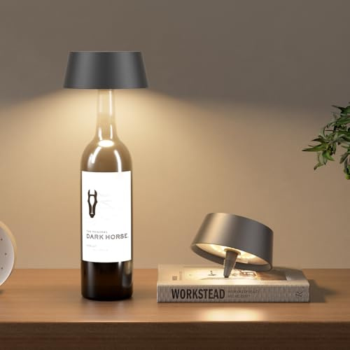 Aipsun 2 Stück Dimmbare LED Akku Flaschenlampe Anthrazit 3000k Warmes, IP54 Kabellose Flaschenlampe für Innen und Außen, 5000mAh Tragbare Metall für Familie, Restaurant & Bar