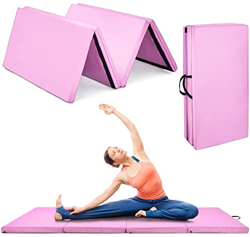 COSTWAY Colchoneta Gimnasia de 240 x 120 x 5 cm, Colchoneta de Ejercicio Plegable con Manija de Transporte,Impermeable, Cuero de PU Desmontable, para Yoga Fitness Hogar (Rosado)