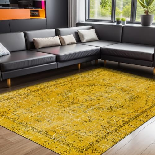 bamyum Giallo Bedruckter Chenille-Teppich 80 x 150 cm - Maschinell Hergestellt, Waschbar, Vintage, Antibakteriell Mit Antirutschunterlage für Wohnzimmer, Schlafzimmer, Küche Gelb