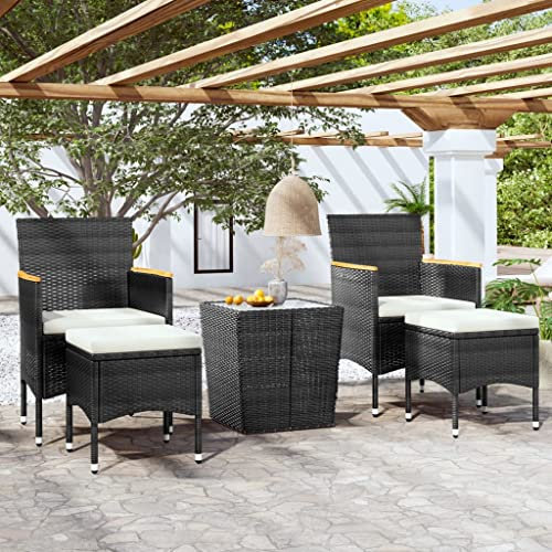 ULUYYUC 5-TLG. Garten-Bistro-Set, Terrassenmöbel Küchensofa Eckbankgruppe Eckbank Geeignet für Außenbereich Hinterhof Garten Balkon Poly Rattan und Hartglas Schwarz
