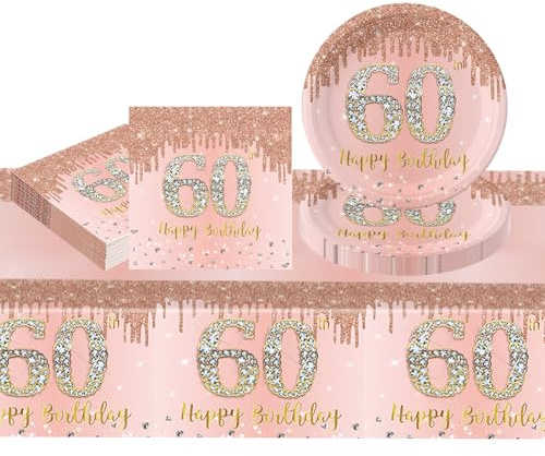 37Pcs Rose Gold 70th Birthday Party Tableware Set for 16 Guests - Paper Plates, Tablecloth, Napkins for Women's Celebration - Party Supplies and Table Decors
