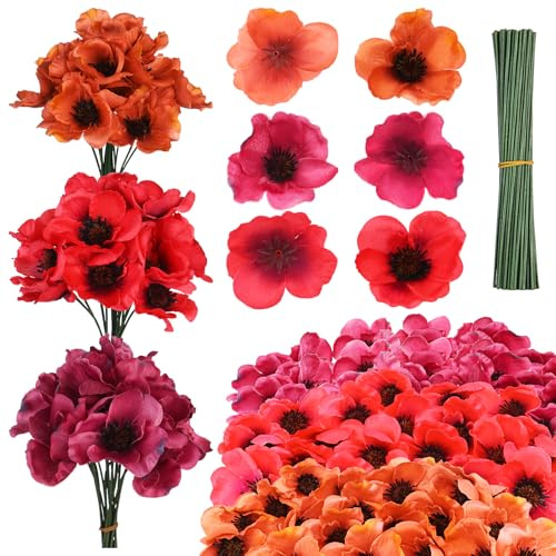 Haishell 60 uppsättningar vallmo konstgjorda blommor röda falska blommor vallmo huvud falska vilda blommor med blomgren för veteranernas dag minne söndag bukett bröstbuketter hem kök dekoration