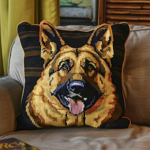 DIY knüpfen set kissen Deutscher Schäferhund Tier knüpfhaken set Cartoon-Hund DIY Knüpfkissen，Überwurfkissen，Matte，Stickerei-Bastelsets für Anfänger mit aufgedrucktem Muster，Heimdekora 43x43cm
