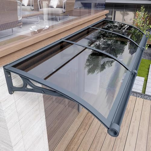 Kufu01 Aluminium Vordach Haustür, Pultbogenvordach, Überdachung, Schlagfeste 300 kg Vordach für Eingangstür, Terrassen Veranda (120x340cm/47 x134), Grau, Polycarbonat