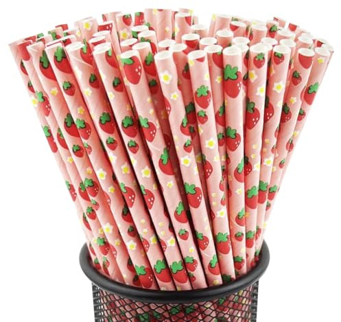 FSSTUD 100 Pcs Strawberry Pattern Straws Fruit Paper Drinking Straws Long Paper Cocktail Straws Cold Drink Paper Straws Long Party Favors Straws for Birthday Wedding