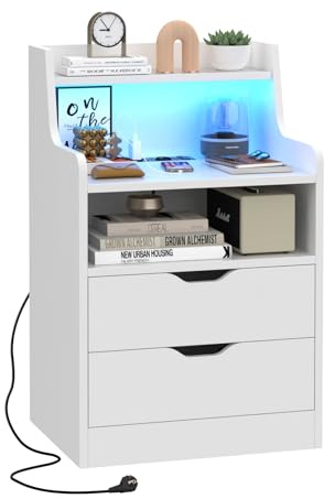 Lvhecforhm Nachttisch mit LED-Beleuchtung, Nachttisch mit Steckdose, USB Anschlüssen, Modern Nachtschrank mit 2Schubladen und Offenem Ablagefach, Weiß 45x35x73cm für Schlafzimmer Wohnzimmer