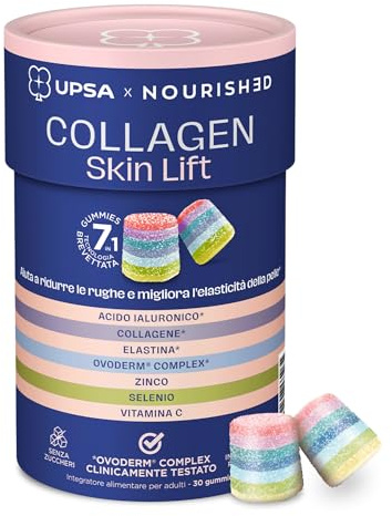 UPSA x Nourished Collagene Skin Lift, con Acido Ialuronico, 30 Gummies | Integratore Alimentare Collagene Acido Ialuronico ed Elastina, Caramelle Gommose Gusto Frutta, Senza Zucchero, Vegetariano