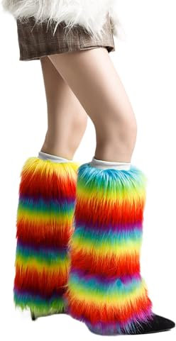 Morain Damen-Beinstulpen, japanischer Regenbogen, bunt, flauschig, Plüsch, warm, Stiefelmanschette, knielang, pelzige Beinmanschette, merhfarbig, C25