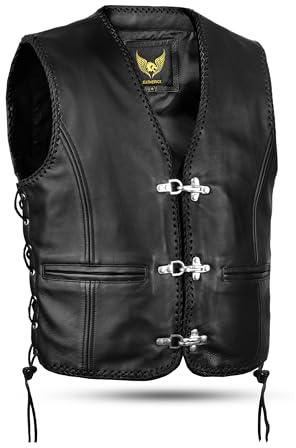 Leatherick Schwarze Motorradweste für Herren aus echtem Leder – klassisches geflochtenes Design, seitliche Schnürsenkel und Reißverschluss Herren-Bikerweste mit Angelhakenschnallen