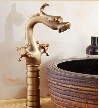 FRTENMXZ Dragon Carved Basin Faucet Antique Bronze Bathroom Vessel Sink Faucet Dual Handle Bathroom Mixer Tap Luxury Washbasin Faucet(SLT048L-Y)