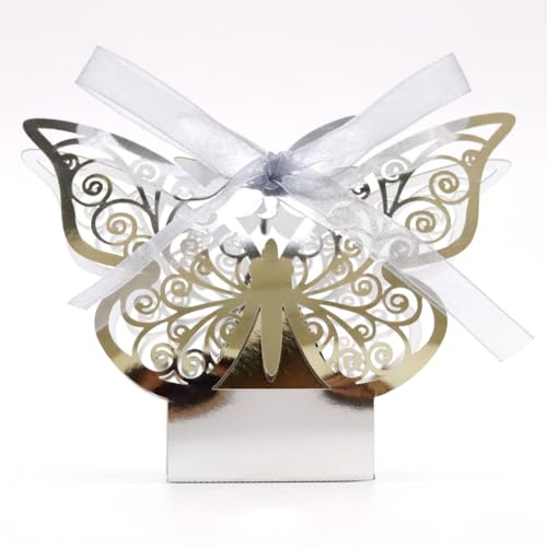 50 Stück Geschenkbox aus Papier,Party Süßigkeiten Box,Süßigkeiten Boxen für Hochzeiten Geschenkboxen für Hochzeiten mit Band,Reflektierendem Spiegeldesign Süßigkeitenboxe für Party,Hochzeit(Silber)
