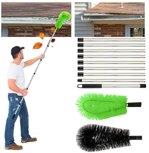 Roadtime Strumento telescopico per la pulizia di grondaie,estensibile 390 cm max,spazzola per la pulizia di delle grondaie con asta telescopica in acciaio inox,9 bar+2 testine,per foglie, sporco ﻿