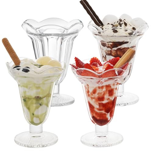 LIMILI Milkshake Glasses, Ice Cream Cups, Lead Free Footed Glass Sundae Dishes,Dessert Milk Shake Cups, Soda Fountain Glasses (200ml - 4pcs)