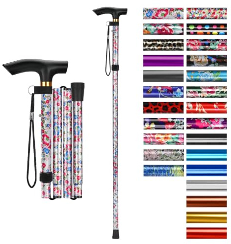 supregear Canne Pliante, Hauteur Réglable à 5 Niveaux Canne de Marche Légère Portable Bâtons de Voyage avec Dragonne et Poignée en T pour Personnes Âgées Handicapées Hommes Femmes
