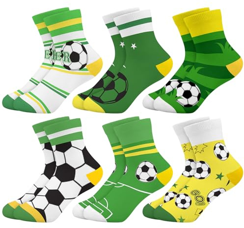 Queenshin 6 Paires Chaussette Garçon Enfants Football Vert Jaune Rayé Rigolotes Fantaisie Sport Idée Cadeau Chaussette Courtes Crew Confortable de 2 à 8 Ans Taille 22-31