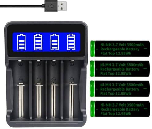 18650 Battery Charger with 4 Pack Ni-MH 3.7V 3500mAh Flat Top Rechargeable Battery, 4 Bay LCD Display Smart Universal USB Dual Battery Chargers for 18650 18500 21700 26650 14500 16340 Batteries, Boxed