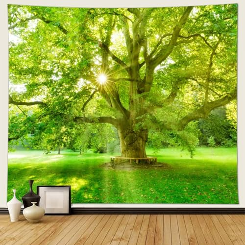 Musihy Landschaft Tapisserie Wandbehang, 150x130cm Frühling Grüner Baum Natürliche SzenerieWandteppiche für Wohnzimmer, Wohnkultur, Gelb-grün