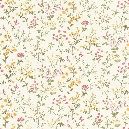 Rasch Selbstklebende Tapete Blumen Daisy - Strukturierte Vliestapete Floral im Landhausstil in Gelb, Rosa und Grün - Einfaches Anbringen ohne Kleister mit tesa-Klebetechnologie - 6,00m x 0,53m