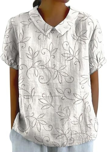 Leinenbluse Damen Sommer Kurzarm Sommerbluse Musselin Shirt Leinen Tunika Große Größen Elegante Oberteile Lässig Leinenshirt