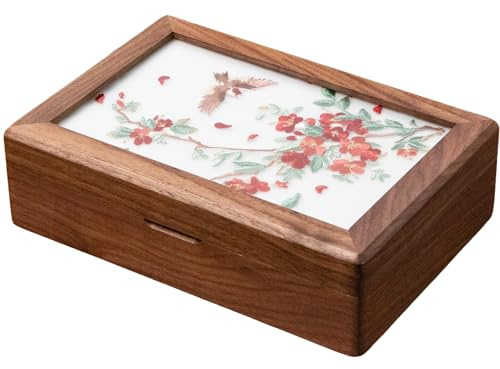 muso wood Holz Schmuckkästchen aus echtem Walnussholz Chinesische Stickerei Stil Schmuckkiste Schmuckaufbewahrung Jewelry box Chic Schmuckkasten Geschenkidee - Vogel im Blütenwind