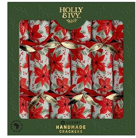Holly and Ivy Luxury Christmas Crackers – Textured Snowflakes Design – 14 Inch Handmade Crackers with Hats Jokes and Gifts – Box of 6