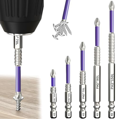 5 Pcs Juego de Puntas de Destornillador Magnéticas, Puntas de Atornillado Magnéticas, Bit de Destornilladores de Imán, Juego de Brocas Antideslizantes para Taladro Eléctrico (50 65 70 90 150mm)