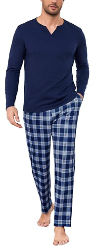 Bresdk Pyjama Homme Hiver Ensembles de Pyjama Coton Manches Longues Vêtements de Détente Doux Carreaux Long Loungewear 2 Pièces
