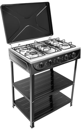 OUKANING Gasherd 5 Flammen, 2,5KW pro Brenner, Freistehender Gaskochfeld Für NG/LPG, Freistehend mit Drehknöpfen, Inkl Abdeckung und rutschfesten Füßen, Outdoor/Camping/Wohnmobil (Schwarz)