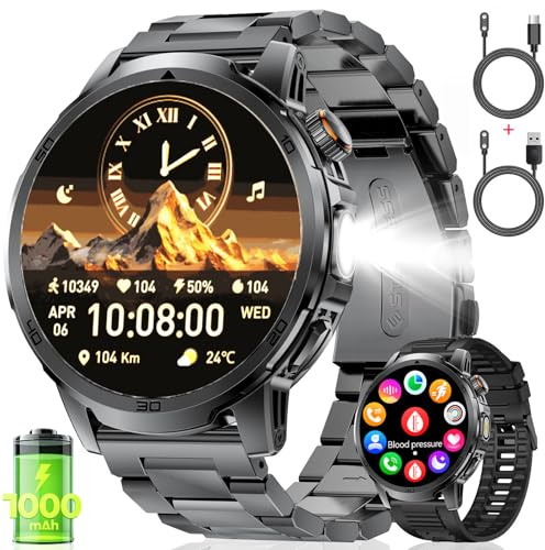 FEELNEVER Montre Connectée Homme avec 1000mAh/1,85'' HD Grand Écran/LED Lampe,Smartwatch Homme avec Moniteur de Fréquence Cardiaque et Sommeil/110+ Modes Sportifs,IP68 Étanche Android iOS, Noir