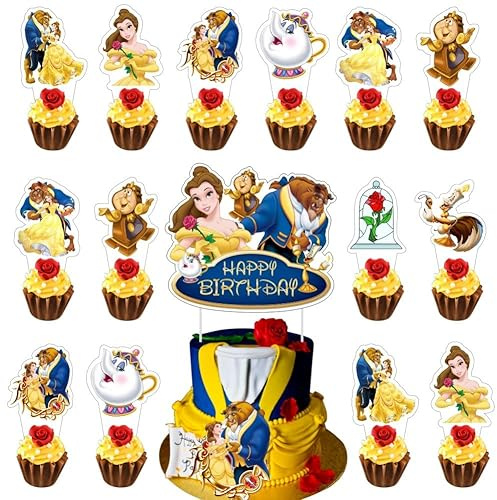 25Pcs Beauty & Beast Cake Decorations with 24pcs Cupcake Toppers 1pcs Cake Topper for Girls Birthday Party Supplies