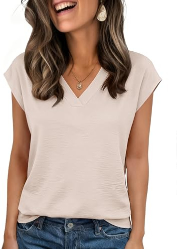 Zeagoo Short Sleeve Blouses for Women Casual V Neck Tops Textured Tshirt Business Work Shirts Apricot