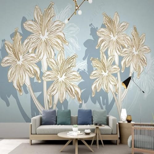 XLMING Hand Painted Retro Lines Golden Lilies Luxurious 3D Wallpaper Premium Textured Silk Study Dining Living Room Bedroom Sofa TV Wall Easy Install-300cm×210cm