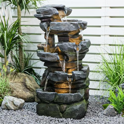 Sunlinua Großer 6-stufiger Kaskaden-Gartenbrunnen für Außen – Kunstharz-Springbrunnen mit LED-Beleuchtung, Wasserfall, als Zimmerbrunnen Wasserfall für Garten, Terrasse und Wohnraum, 106cm H, Grau
