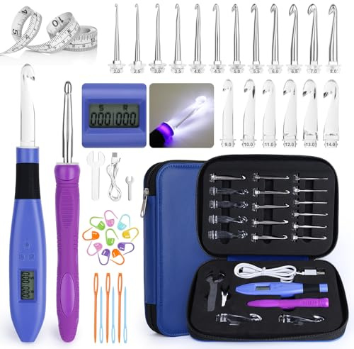 Aeelike Leuchtende Häkelnadel-Set, 18 Größen, 2 mm - 14 mm, austauschbare Häkelnadel mit Licht und Stichzähler, wiederaufladbar, LED-beleuchtet, ergonomische Häkelnadeln für arthritische Hände und