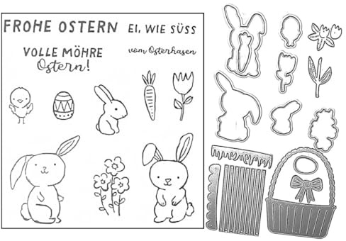 Sredwtk Hase Blumen Frühling Deutsch Stempel und Stanzen Set Ostern Frühling Stempelset und Stanzschablonen Für DIY Scrapbooking Fotoalbum Dekor 3D Karten (A)