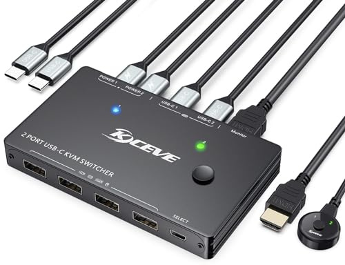 Switch KVM USB C 4K a 60Hz, Switch USB C per 2 laptop Condividi 1 monitor e 4 periferiche USB, compatibile con Thunderbolt 3, PD da 100 W, telecomando cablato e cavi USB-C e HDMI inclusi