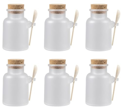 MUSISALY Lot de 6 Sets de Bocaux en Plastique Transparent Dépoli Bouchon en Liège Hermétique et Cuillère en Bois, 100 G, pour Poudre de Masque et Sels de Bain, Accessoires Salle de Bain