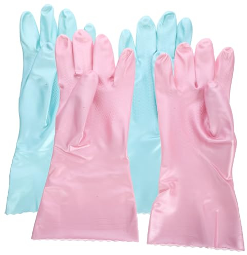 PAMINGONO Waterproof Thicken Rubber Dishwashing Gloves 2 Pairs, Reusable Kitchen Cleaning Mittens for Washing Dishes and Laundry, Large Size Blue Pink