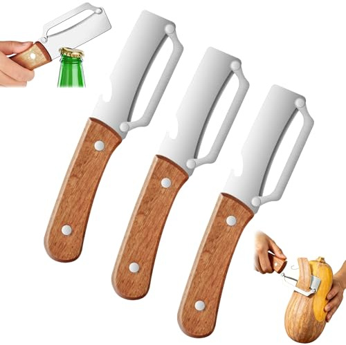AUAUY 3Pzs Pelador Verduras Multifunción, Peeler Profesional, Mango Madera | 2 en 1 Pelador de Frutas y Abrebotellas para Cocina, Hoja Acero Inoxidable Ultraafilada, para Frutas y Verduras
