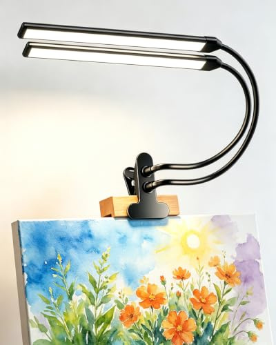Dual-Light-Bar LED Clip On Light for Painting Easel, Desk, Bed Headboard | Two 36CM LED Light Bars for Wide Coverage, 3 Colours x 10 Brightness Dimmable, Flexible Neck, USB Powered, Black