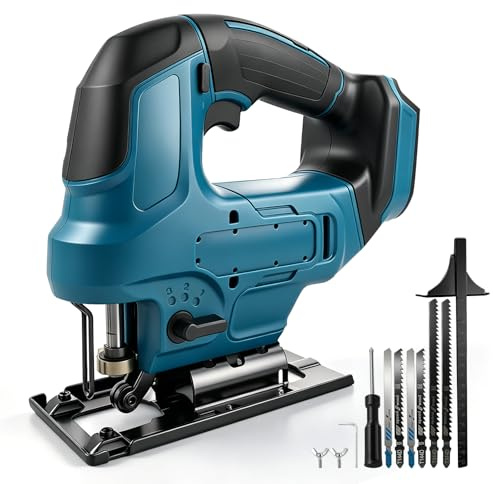 Cordless Jigsaw Compatible with Makita 18V, Brushless Electric Orbital Jigsaw with Led Light, Stepless Speed, ±45° Bevel Cutting Angle, 6Pcs T-Shank Blades for Wood Plastic Metal (Blue, for Makita)